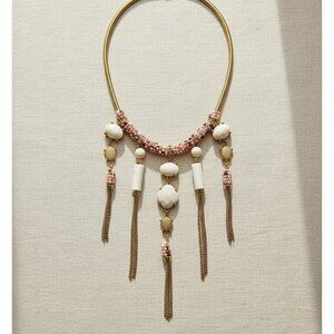 Chicos Statement Necklace Beaded Multicolor Dangling Tassels Gold Chain Womens